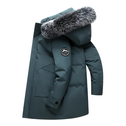 Men's winter parka with hood and faux fur collar, long winter jacket