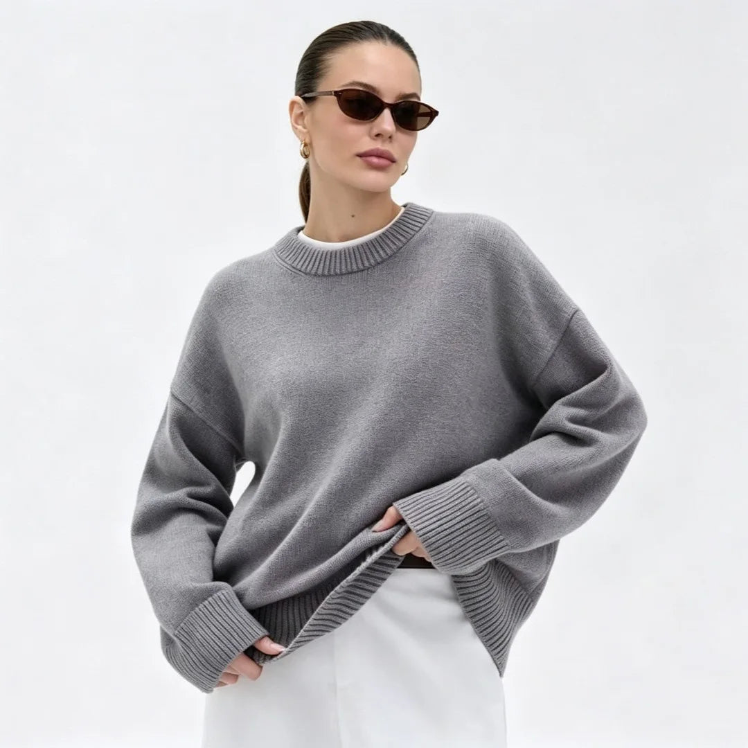 Women's Oversized Crewneck Sweater with Ribbed Cuffs, Loose-Fit Knit