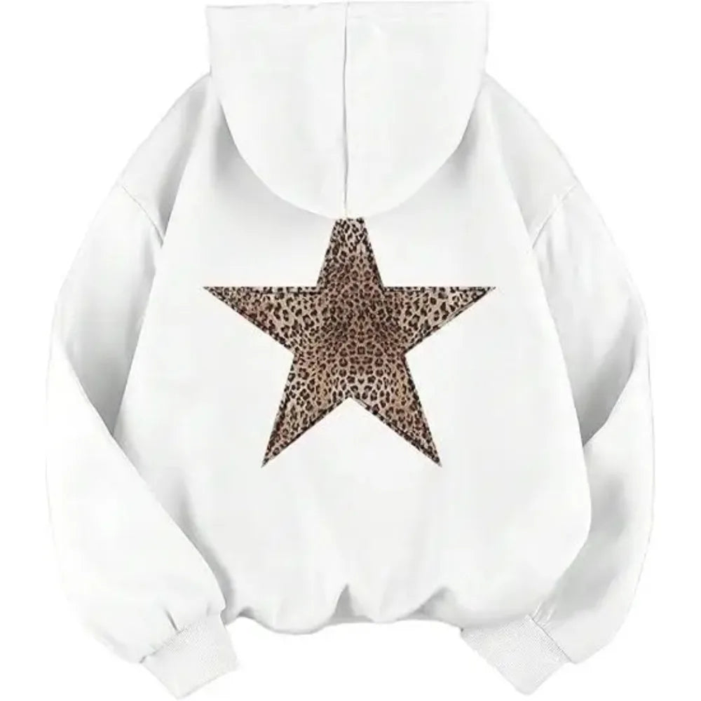 Women's hoodie with leopard star print on the back, oversized hooded sweatshirt