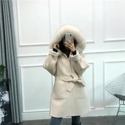 Women's Short Coat with Fur Collar and Fur Cuffs, Belted Wrap Coat