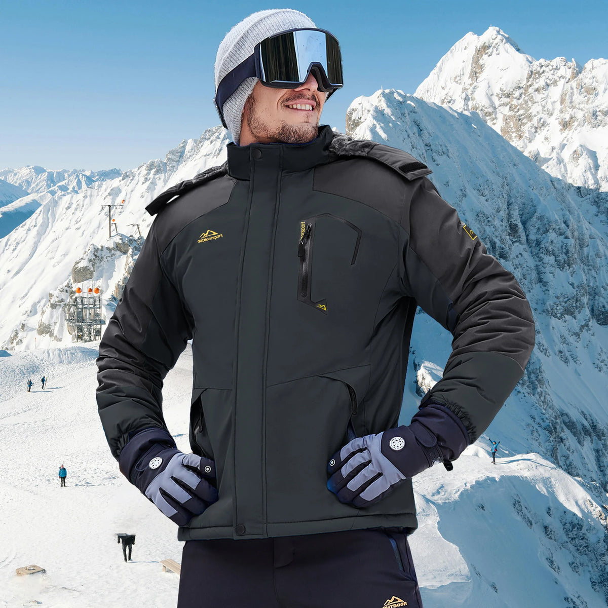 Herren Winterjacke Outdoor Skijacke mit Kapuze und Taschen Orange Grau