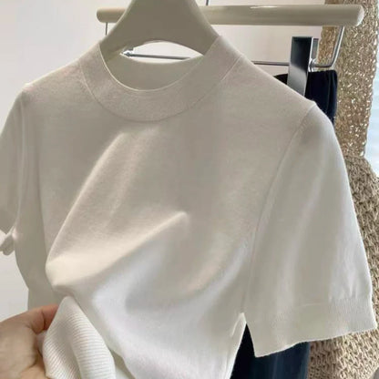 Kurzarm Strickpullover Damen - Gerippter Rundhals Ausschnitt