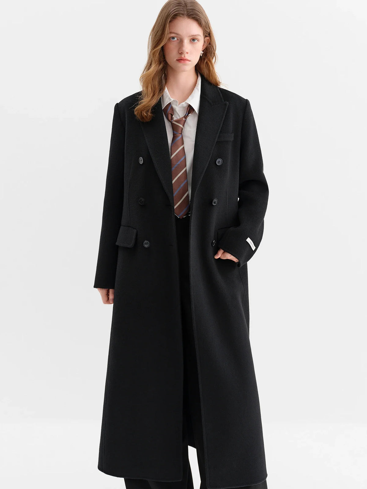 Women's long double-breasted coat, classic cut, red/black/beige