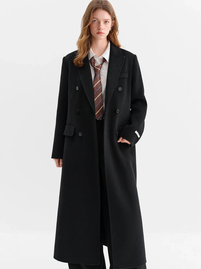 Women's long double-breasted coat, classic cut, red/black/beige