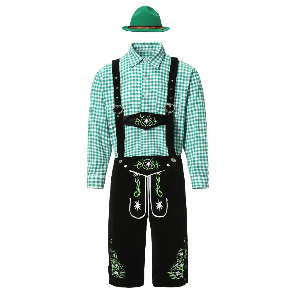 Men's traditional leather pants set with shirt and suspenders, black or brown