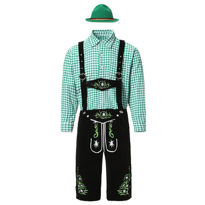 Men's traditional leather pants set with shirt and suspenders, black or brown
