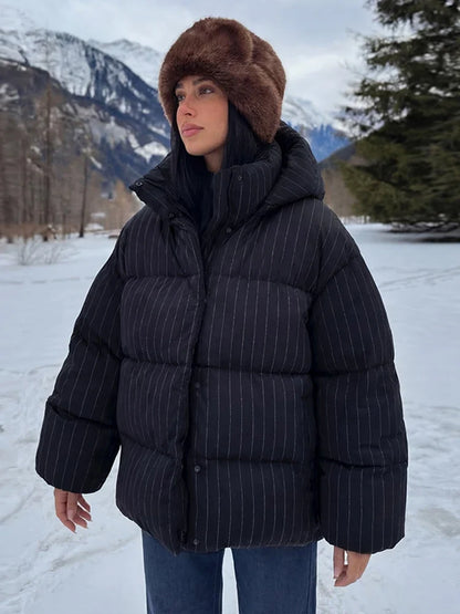 Damen Pufferjacke gestreift mit Kapuze Schwarz