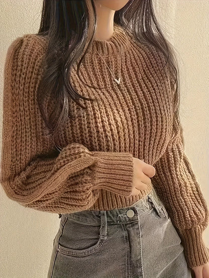 Women's Chunky-Knit Cropped Crew-Neck Long-Sleeve Sweater
