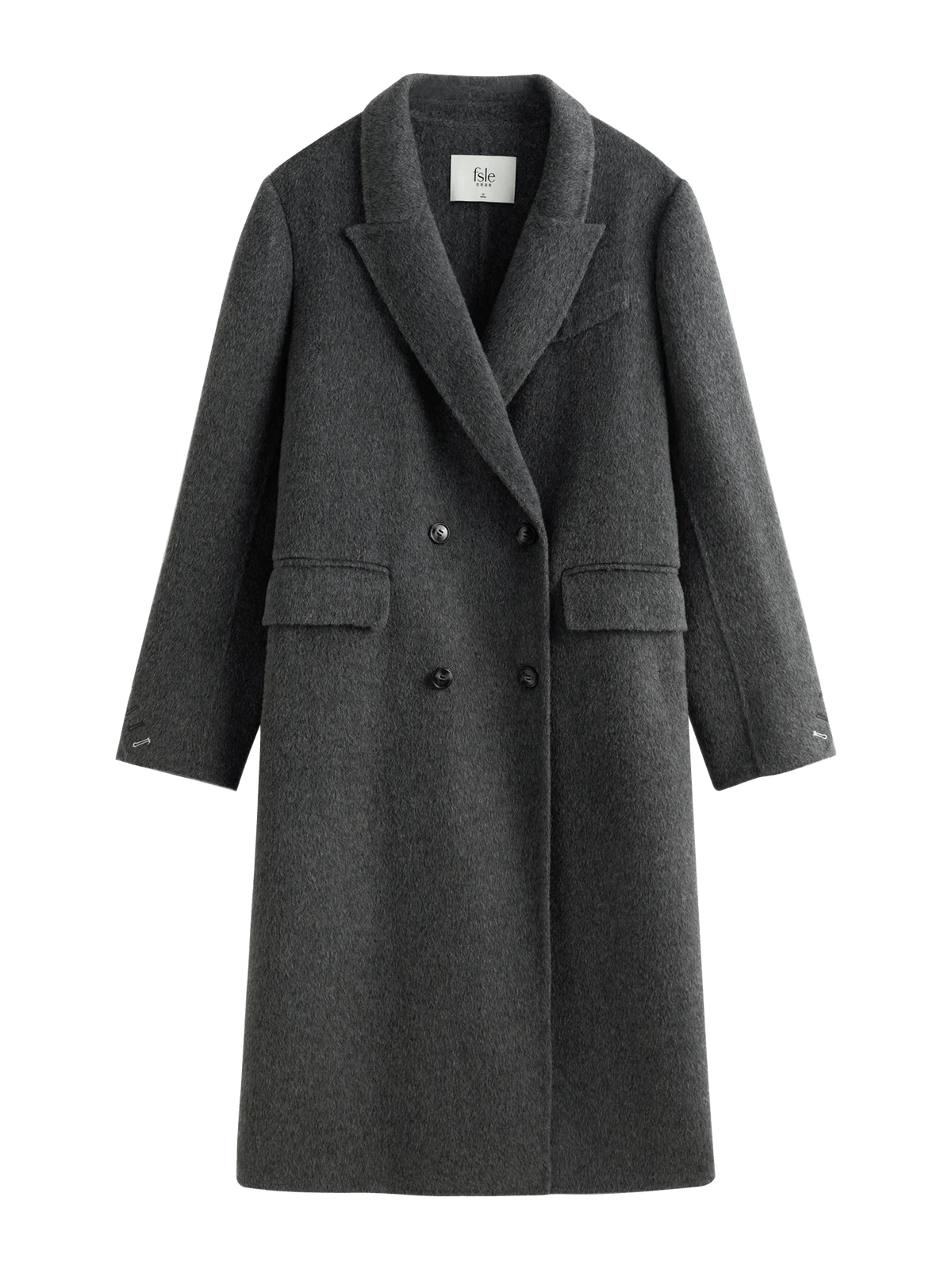 Women's long double-breasted coat with notched lapel