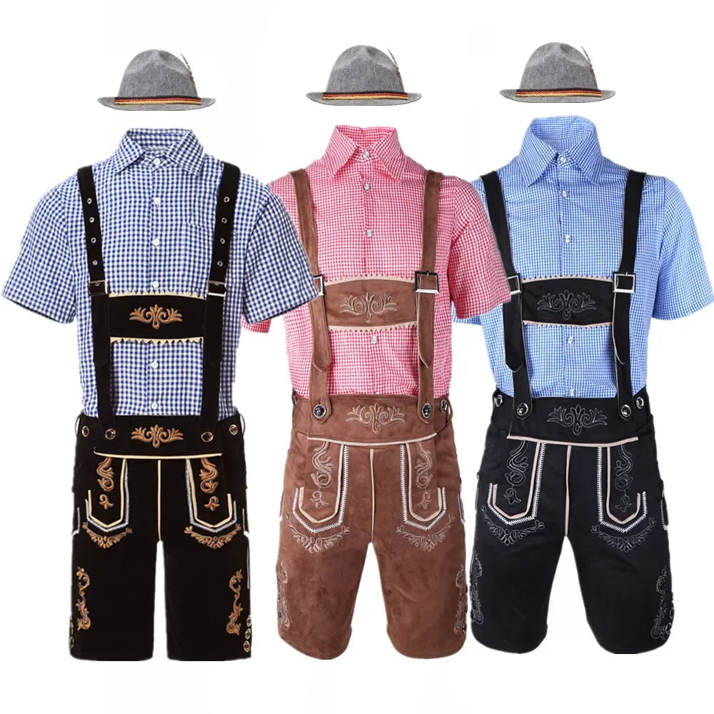 Men’s traditional outfit: lederhosen, shirt, hat, quilted details, various colors