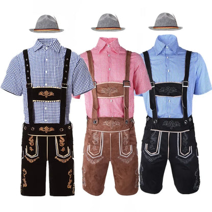 Men’s traditional outfit: lederhosen, shirt, hat, quilted details, various colors