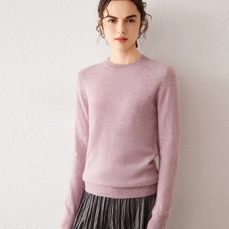 Women's crew-neck long-sleeve basic knitted sweater, cozy pullover