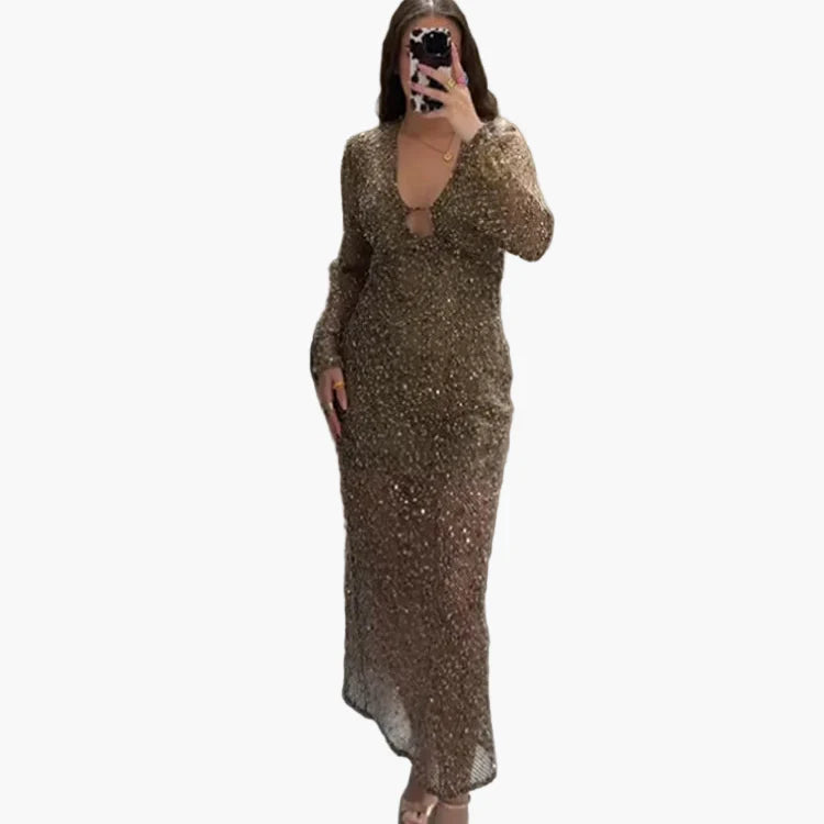 Women's glitter evening dress with sequins and deep V-neck – elegant party dress for special occasions