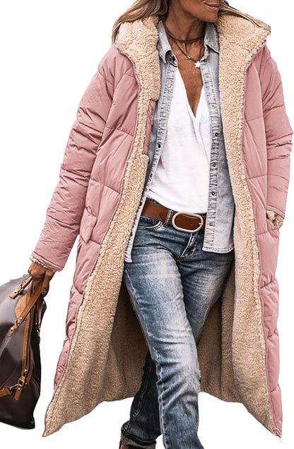 Long women's quilted coat with teddy lining & hood - Warmly lined winter coat