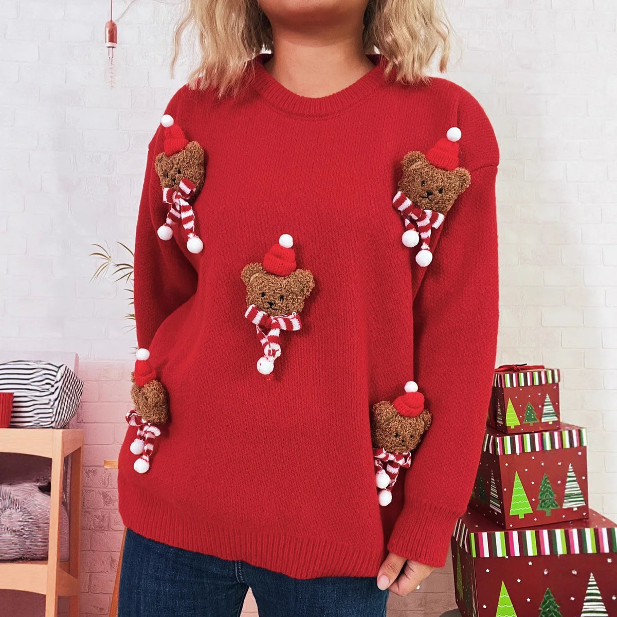 Red Christmas sweater with teddy bear appliqués and a crew neck