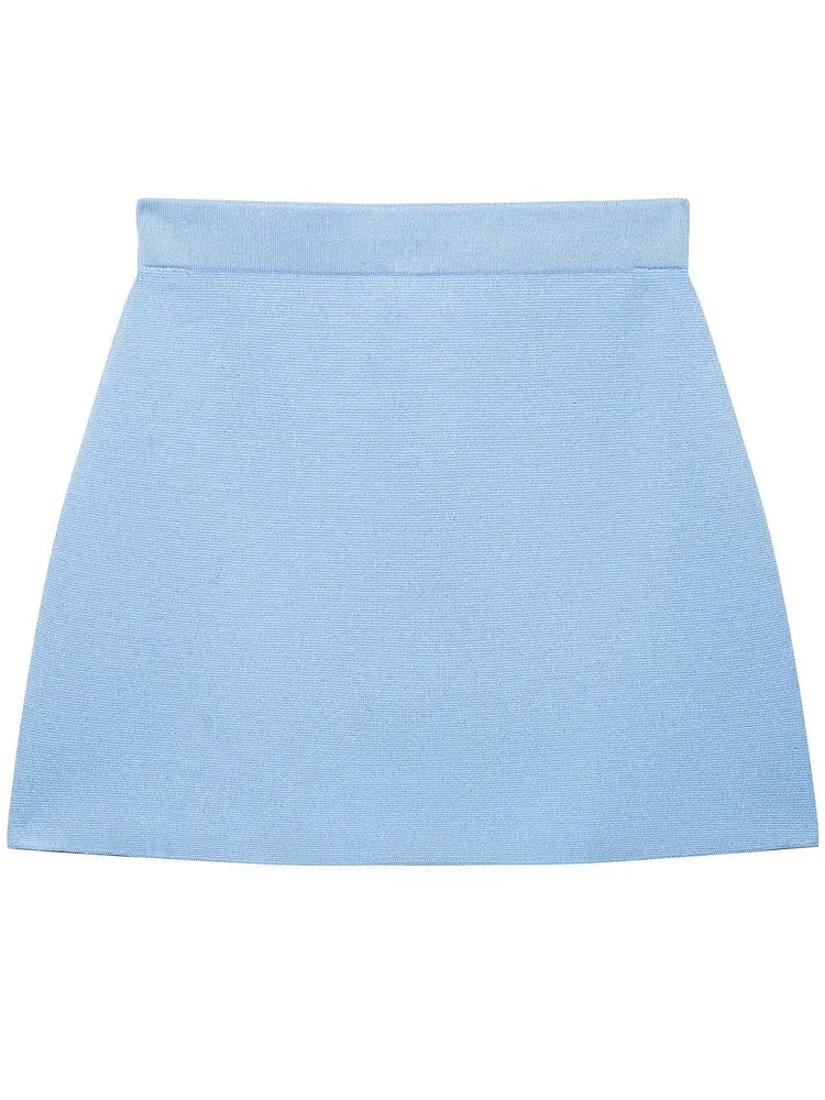 Short-Sleeved Knit Top with Collar and Buttons, Light Blue