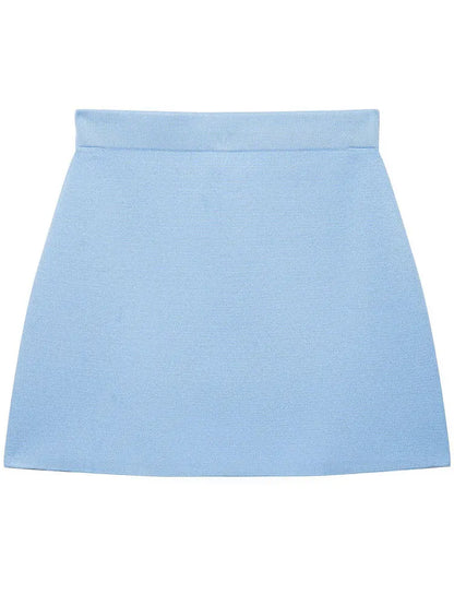 Short-Sleeved Knit Top with Collar and Buttons, Light Blue