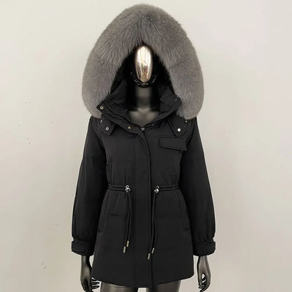 Women's winter parka jacket with fur hood and drawstring waist