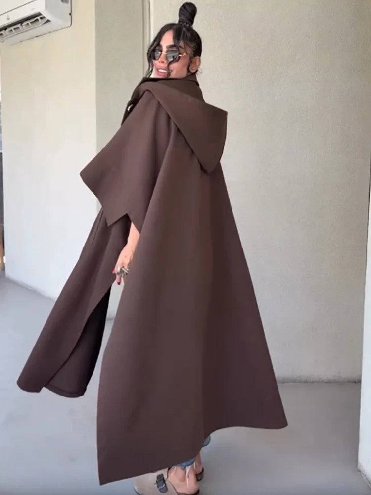 Women's long brown coat with loose oversized fit