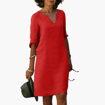 Damen Freizeitkleid mit V-Ausschnitt und 3/4-Ärmeln – Elegantes Alltagskleid für Büro und Freizeit