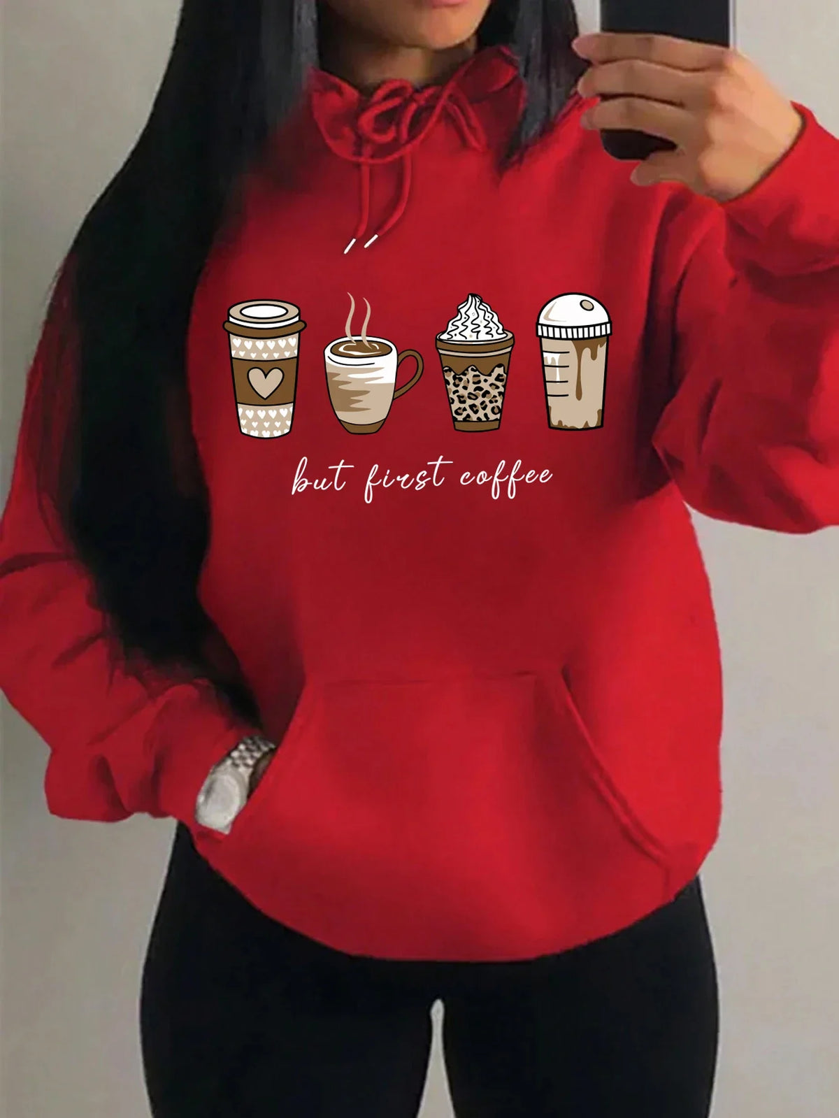 Women's hoodie with coffee cup print, hood, and kangaroo pocket