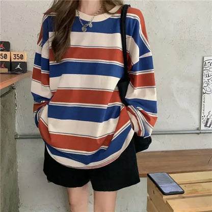 Women's striped oversized crew-neck long-sleeve shirt, casual top