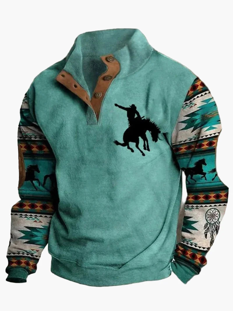 Herren Pullover im Cowboy Western Stil mit Digitaldruck und Stehkragen – Perfekt für Outdoor und Freizeit