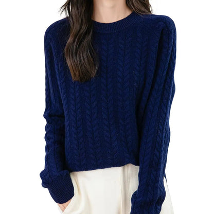 Women's cable-knit sweater with crew neck in caramel brown