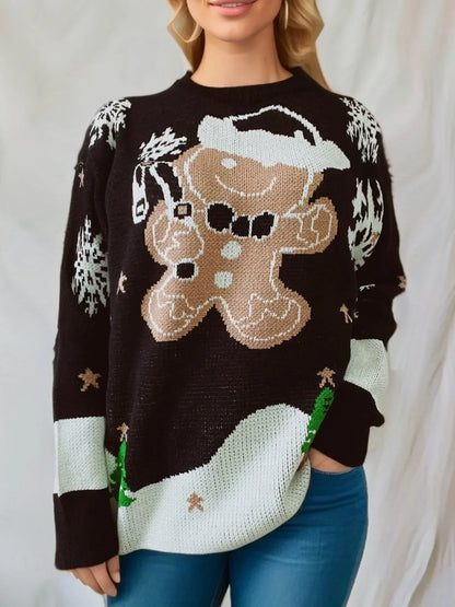 Christmas sweater with gingerbread man motif & snowflakes, red