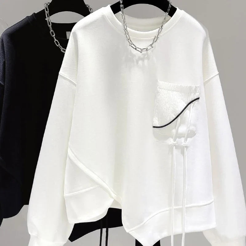 Women's Crew-Neck Sweatshirt with Asymmetrical Hem and Decorative Drawstrings