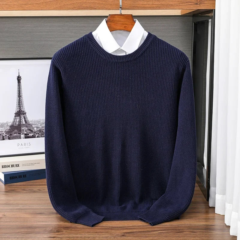 Men's crew-neck knit pullover ribbed solid-color long-sleeve