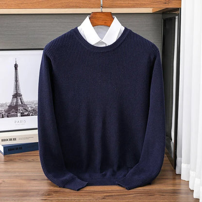 Men's crew-neck knit pullover ribbed solid-color long-sleeve