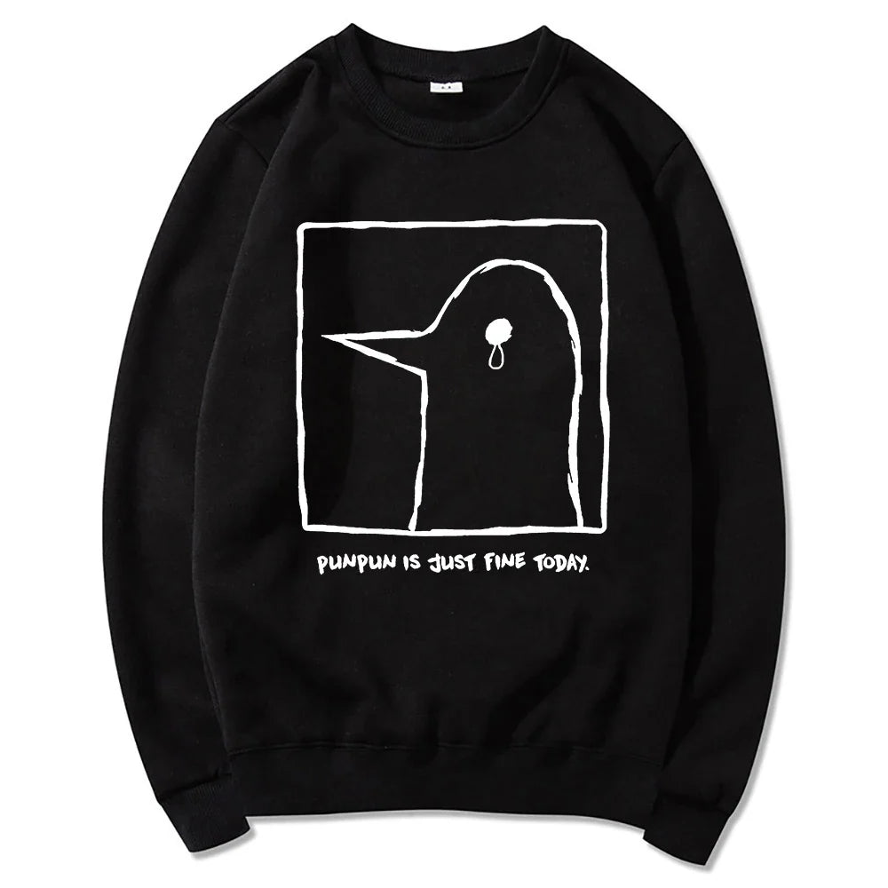 Hoodie or sweatshirt with cartoon bird motif, "Punpun is just fine today" print