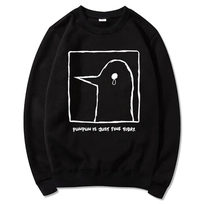 Hoodie or sweatshirt with cartoon bird motif, "Punpun is just fine today" print
