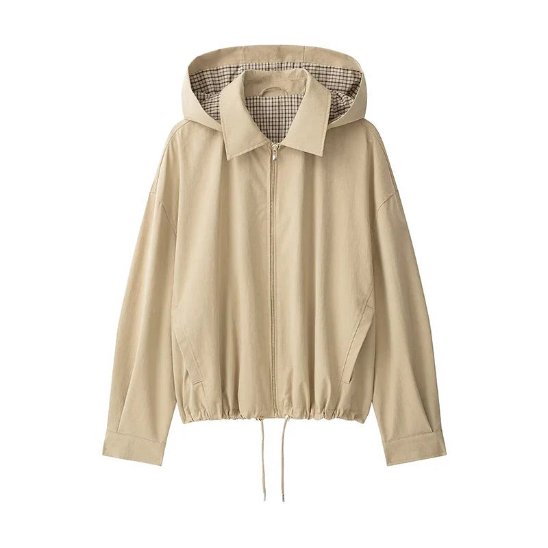 Kurze Damen Jacke mit Kapuze – Beige, Reißverschluss und Kordelzug