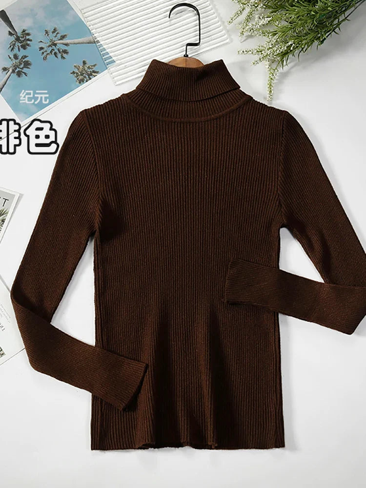 Ribbed women's basic long-sleeved turtleneck sweater