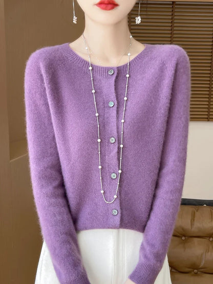 Women's crew-neck knitted cardigan with button placket, long-sleeve