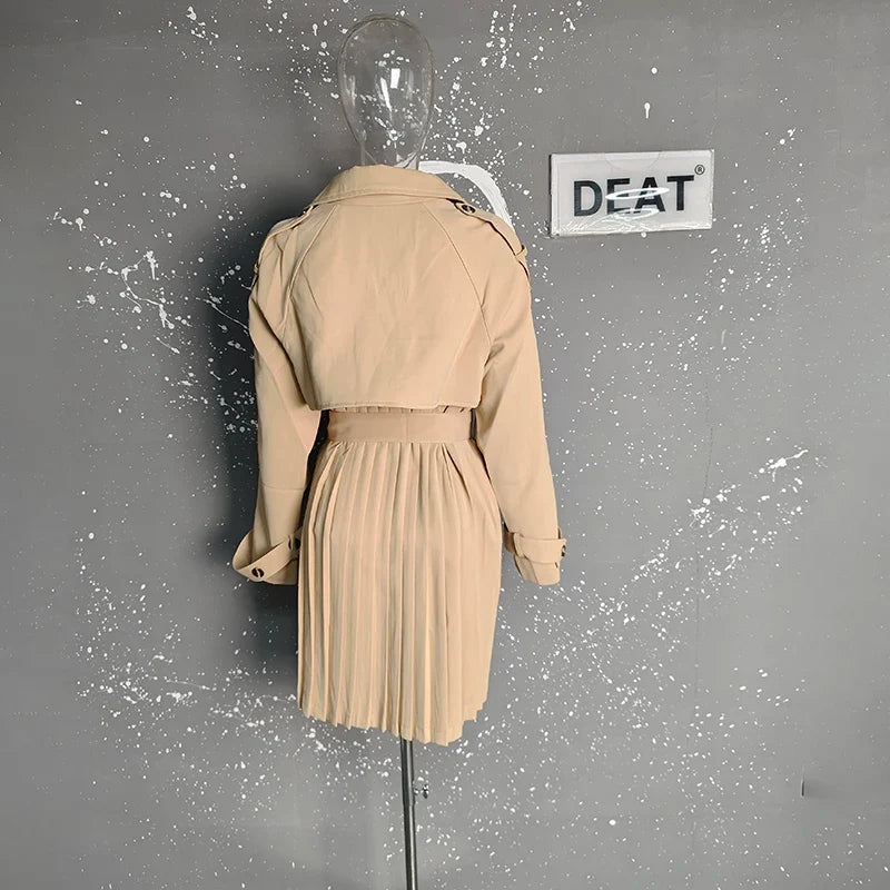 Women's trench coat with pleated skirt detail and belt, khaki