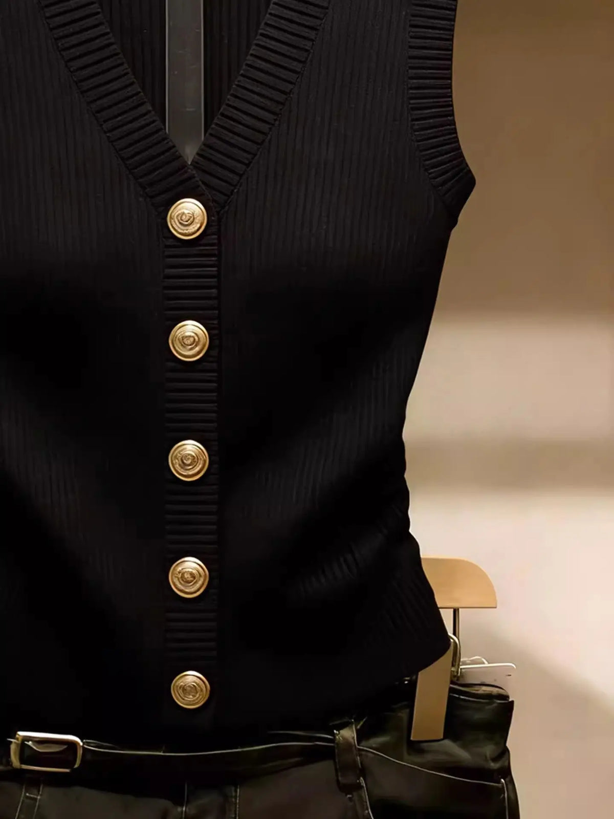 Black women's knitted vest V-neck gold buttons sleeveless ribbed knit
