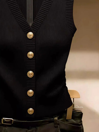 Black women's knitted vest V-neck gold buttons sleeveless ribbed knit