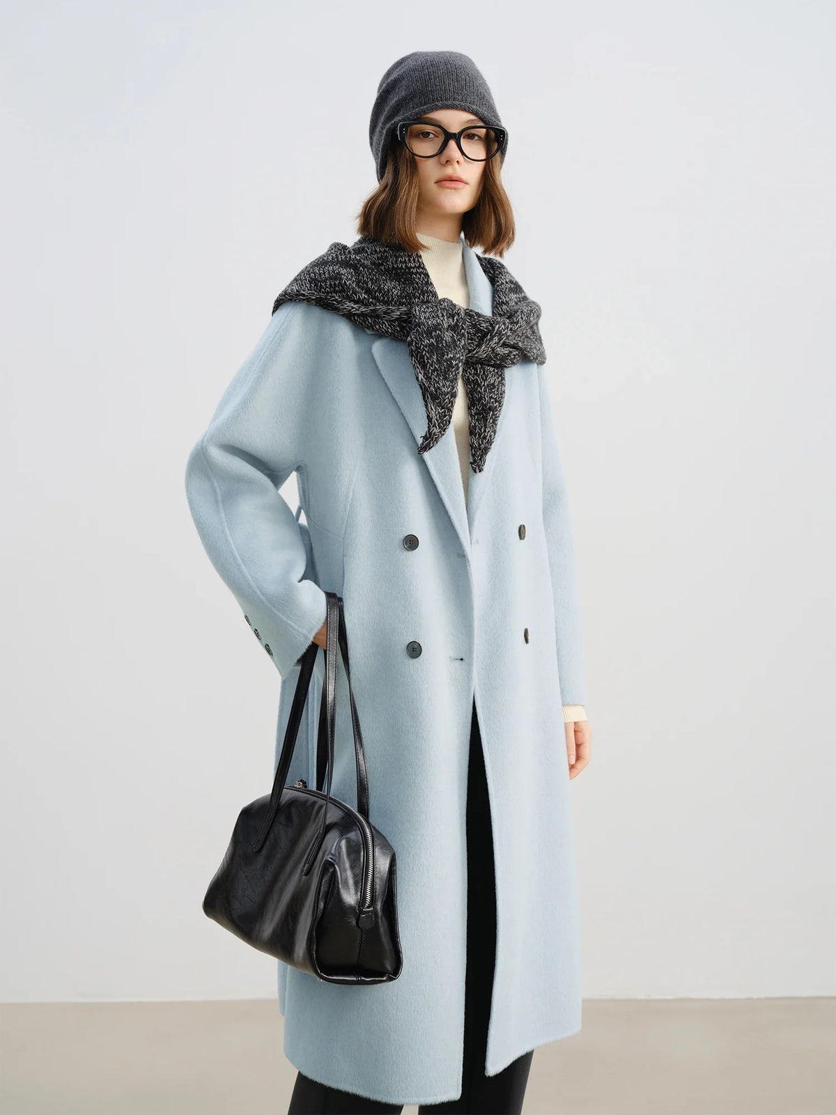 Women's long double-breasted coat, light blue
