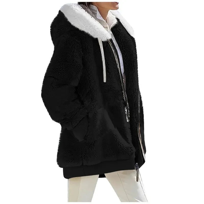 Teddy-Fleece Jacke mit Kapuze und Reißverschluss