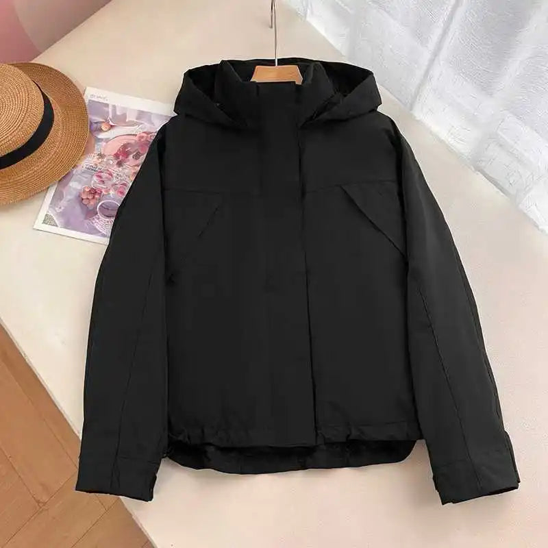Short women's transitional jacket with hood and stand-up collar