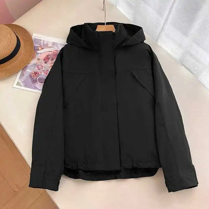 Short women's transitional jacket with hood and stand-up collar