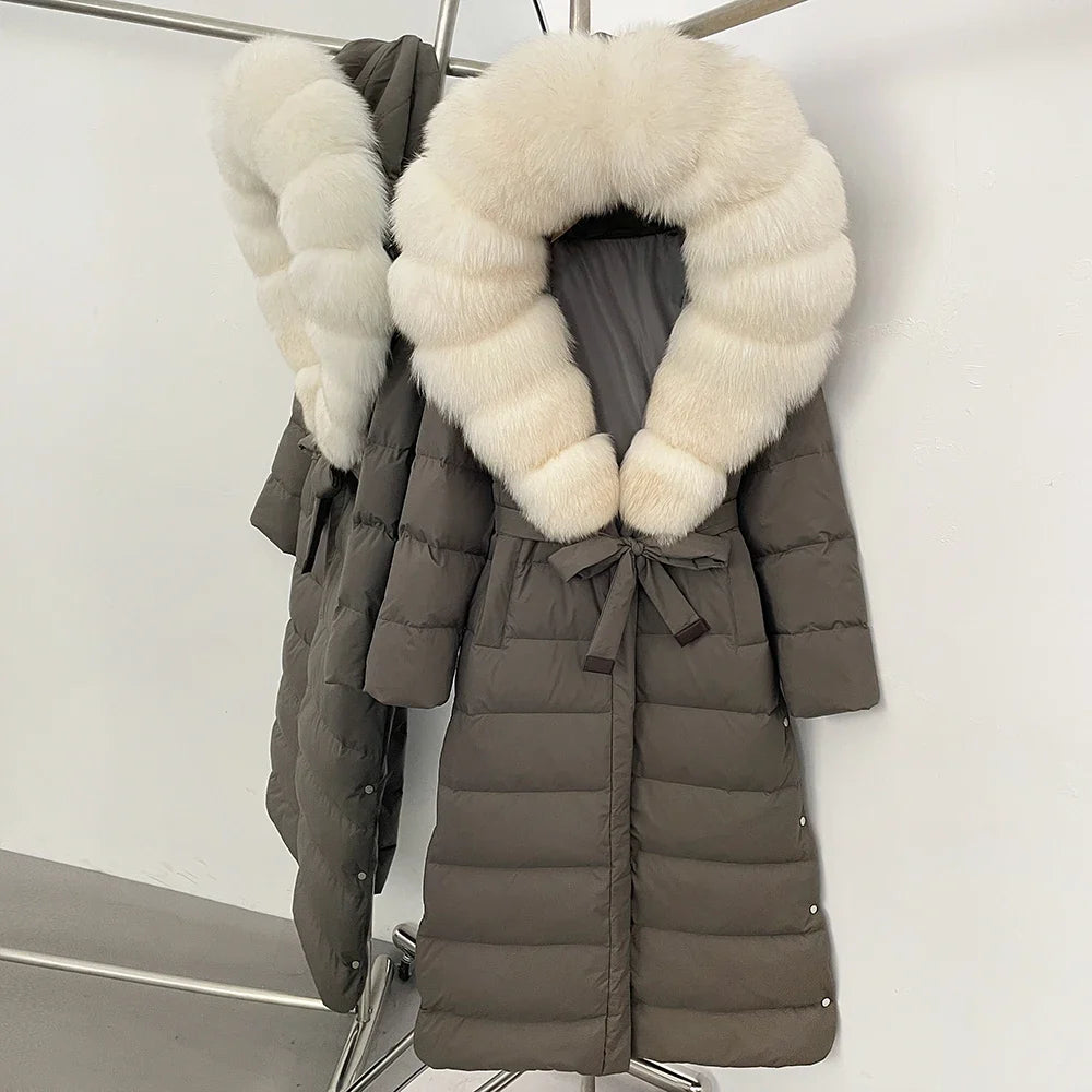 Damen Winter Steppmantel Lang mit Kunstfellkragen Bindegürtel