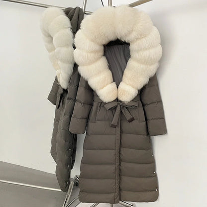 Damen Winter Steppmantel Lang mit Kunstfellkragen Bindegürtel