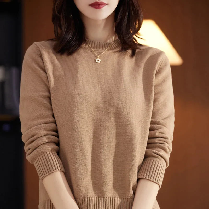 Damen Strickpullover Rundhals Langarm Rippbündchen