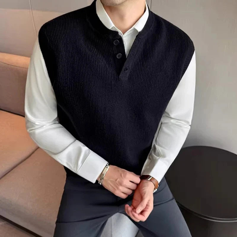 Men's knitted vest collarless pullover vest ribbed sleeveless