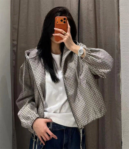 Damen karierte Kapuzenjacke cropped mit Reißverschluss