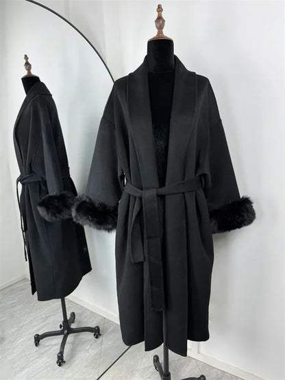 Short women's wrap coat with faux-fur sleeves and tie belt